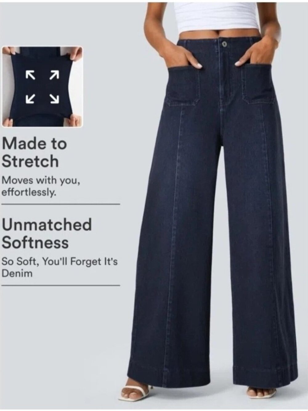 NWT Halara Large Tall Flex High Waist Pockets Washed Casual Wide Leg Jeans 015